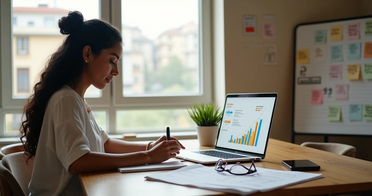 Redatora freelancer trabalhando em casa em frente ao notebook com anotações e gráficos de renda estável 