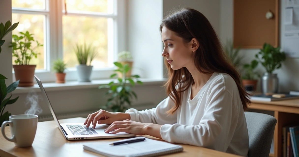 Mulher escrevendo em notebook em home office iluminado, caderno ao lado e xícara de café 