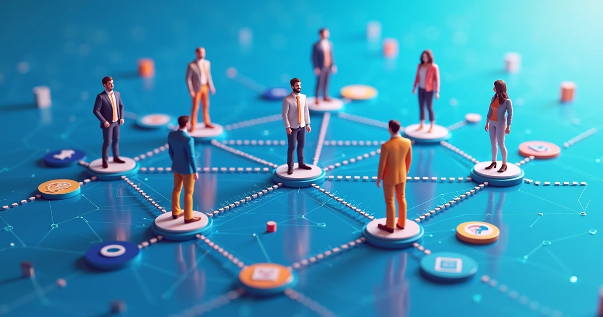 Rede de afiliados conectando diferentes empresas em um cenário corporativo 