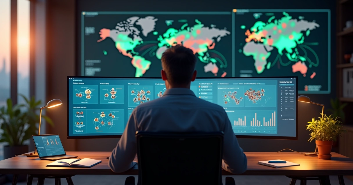 Dono de PME analisa painel digital de rede de afiliados com gráficos de vendas 