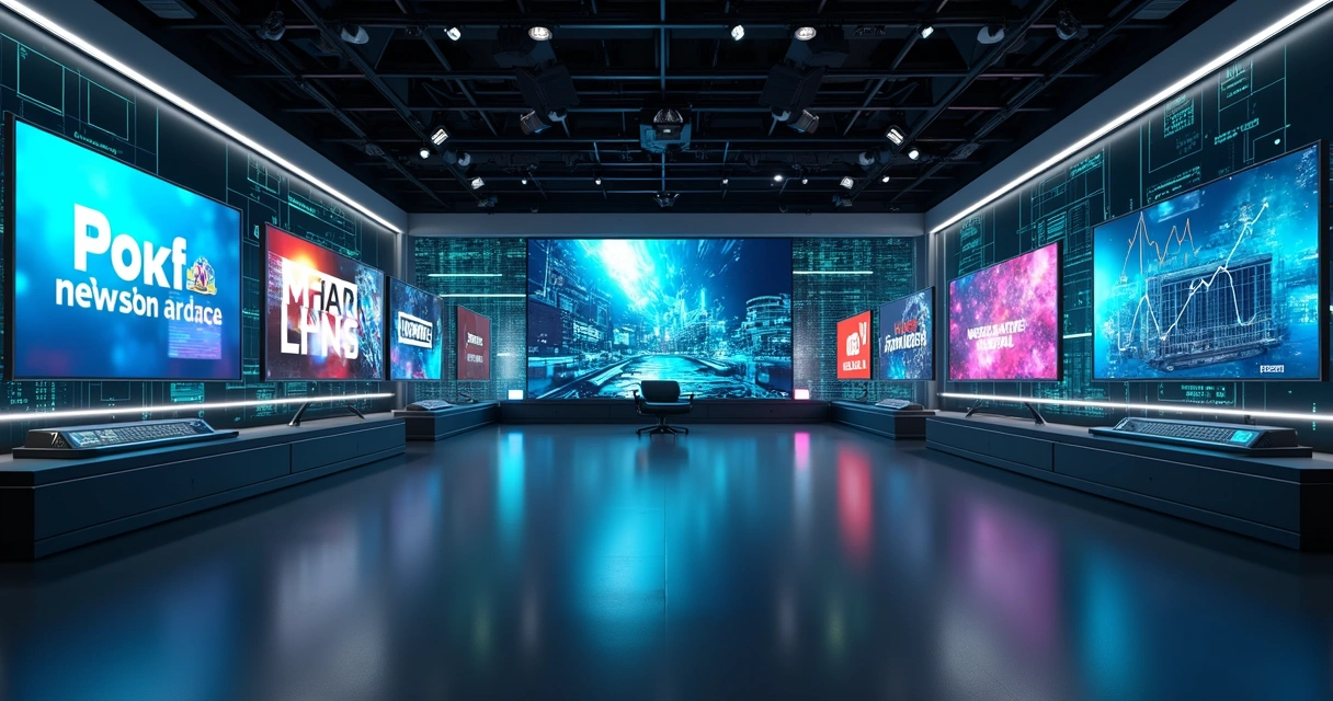 Vista panorâmica de múltiplas telas exibindo canais americanos variados de TV aberta e por assinatura, com gráficos de audiência ao fundo 