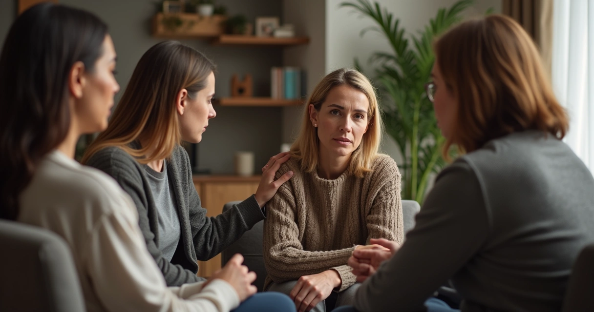 Pessoas sentadas em uma roda conversando, demonstrando apoio mútuo 