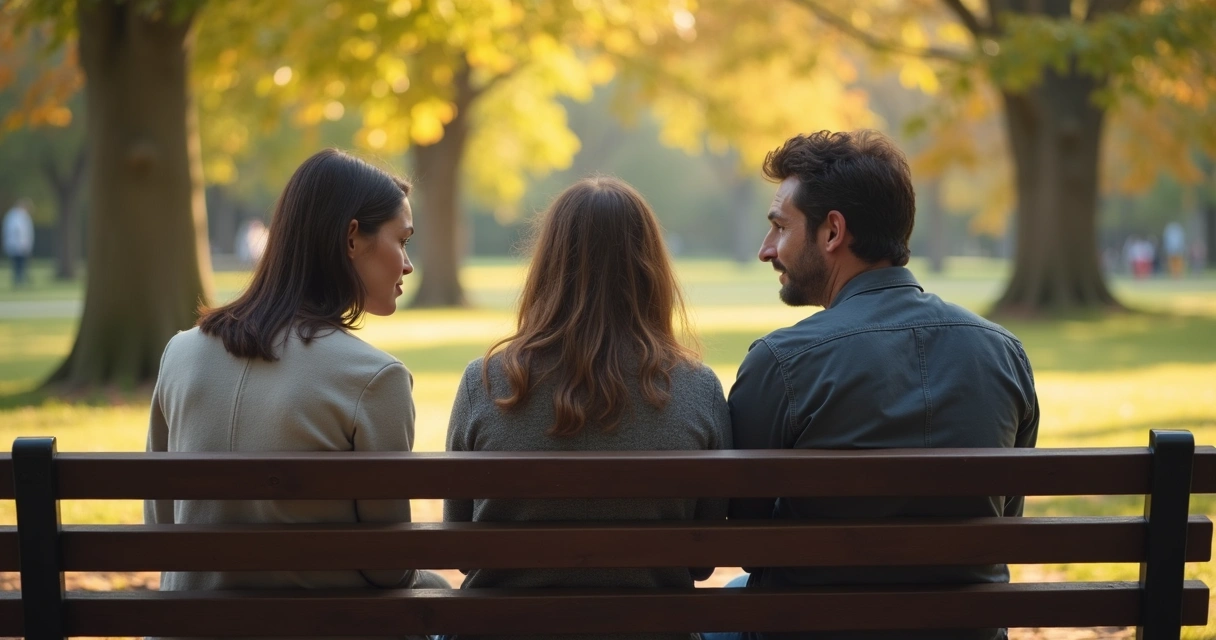 Três pessoas conversando sentadas em um banco de praça, expressão de apoio e acolhimento 