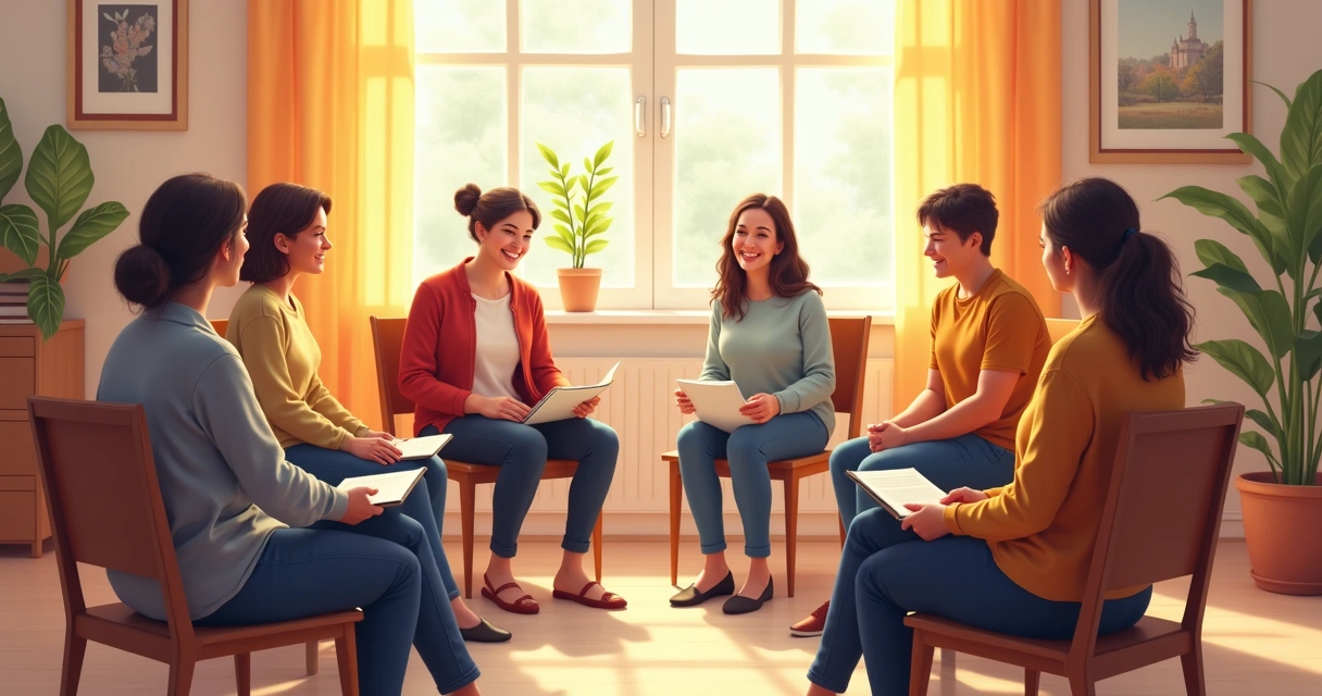 Grupo de apoio discutindo em roda em sala clara com clima acolhedor
