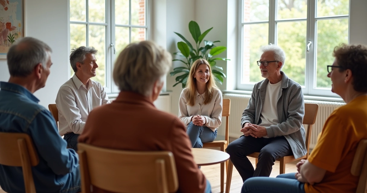 Grupo conversando sentado em círculo em sala iluminada 