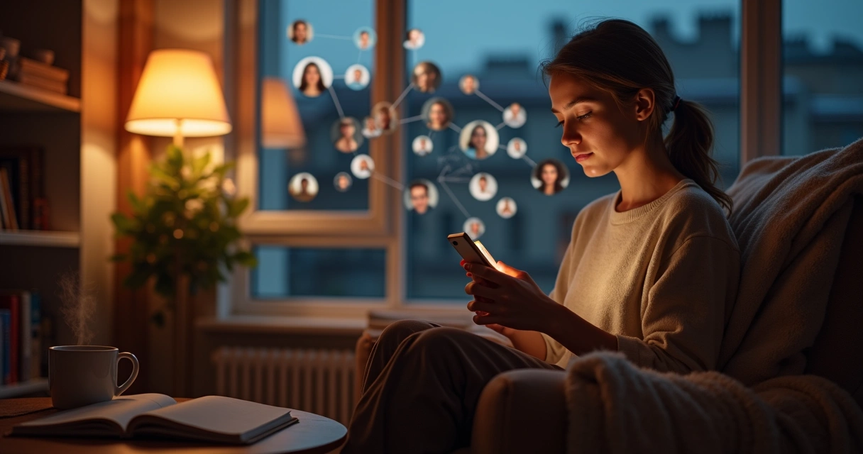 Jovem segurando celular com roda de apoio virtual refletida na janela 