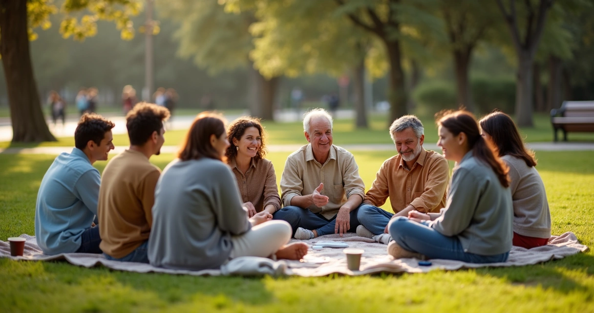 Grupo diverso sentado em círculo em parque urbano trocando apoio e conversa tranquila 