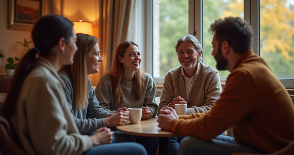 Grupo de pessoas conversando em círculo em ambiente acolhedor 
