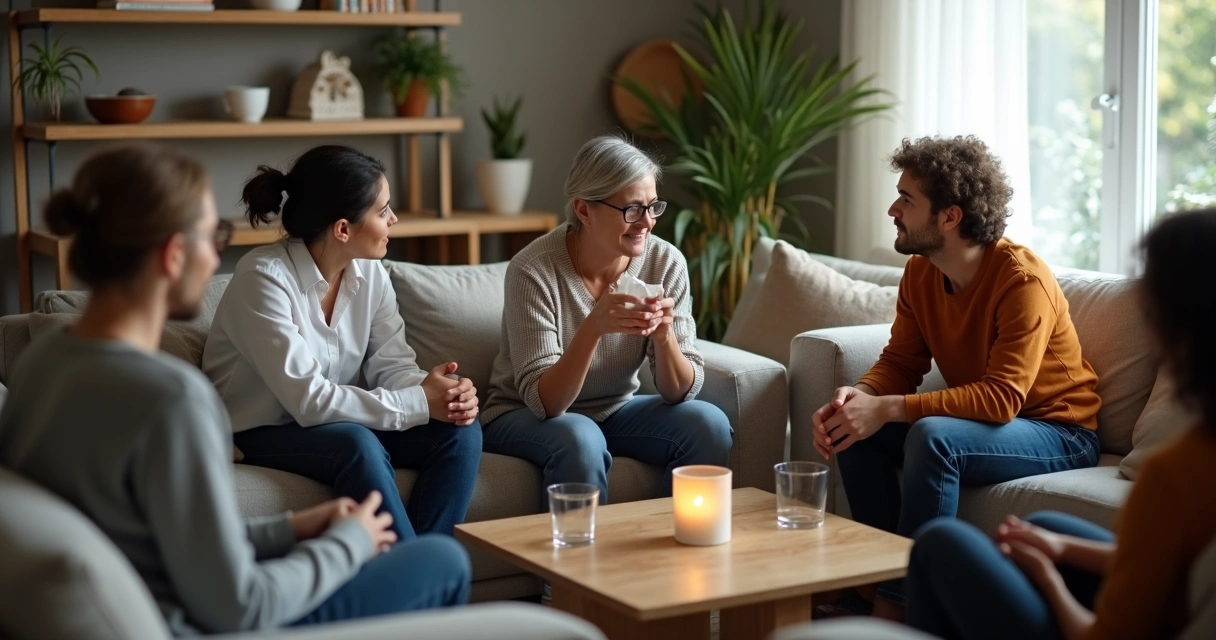 Grupo de pessoas sentadas em círculo oferecendo apoio emocional durante uma crise 