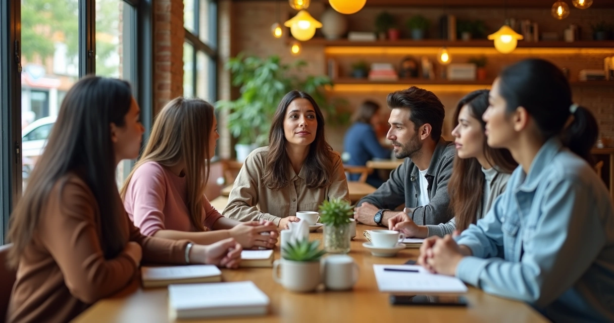 Grupo diverso em café aconchegante formando rede de apoio emocional 
