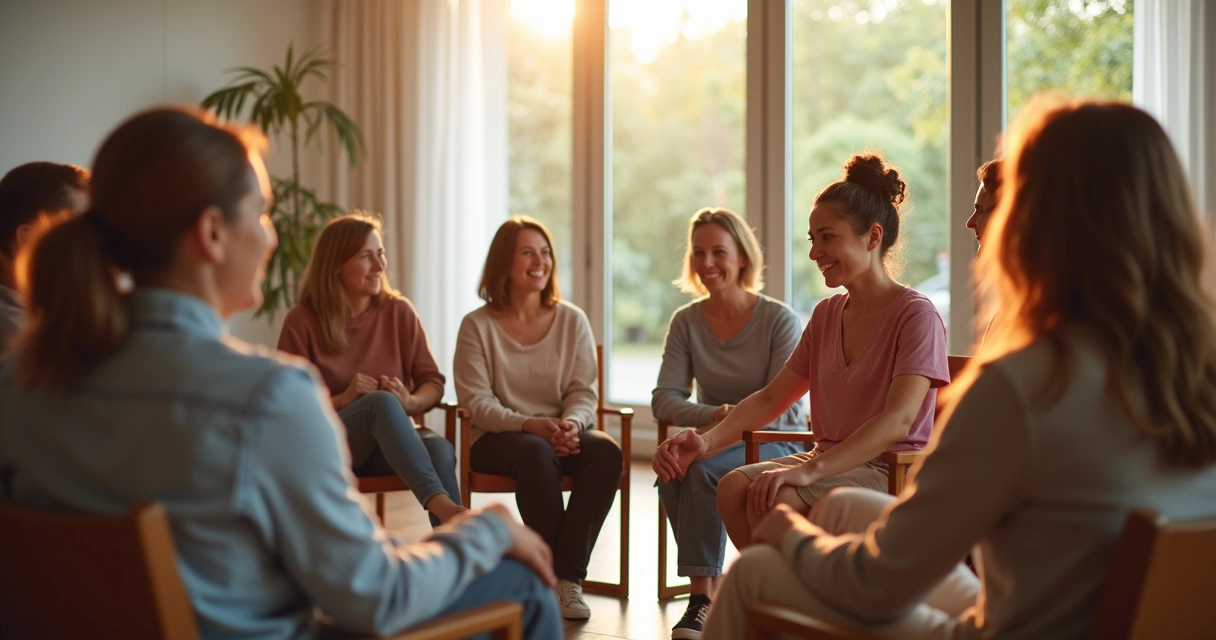 Pessoas sentadas em círculo participando de um encontro de apoio emocional. 