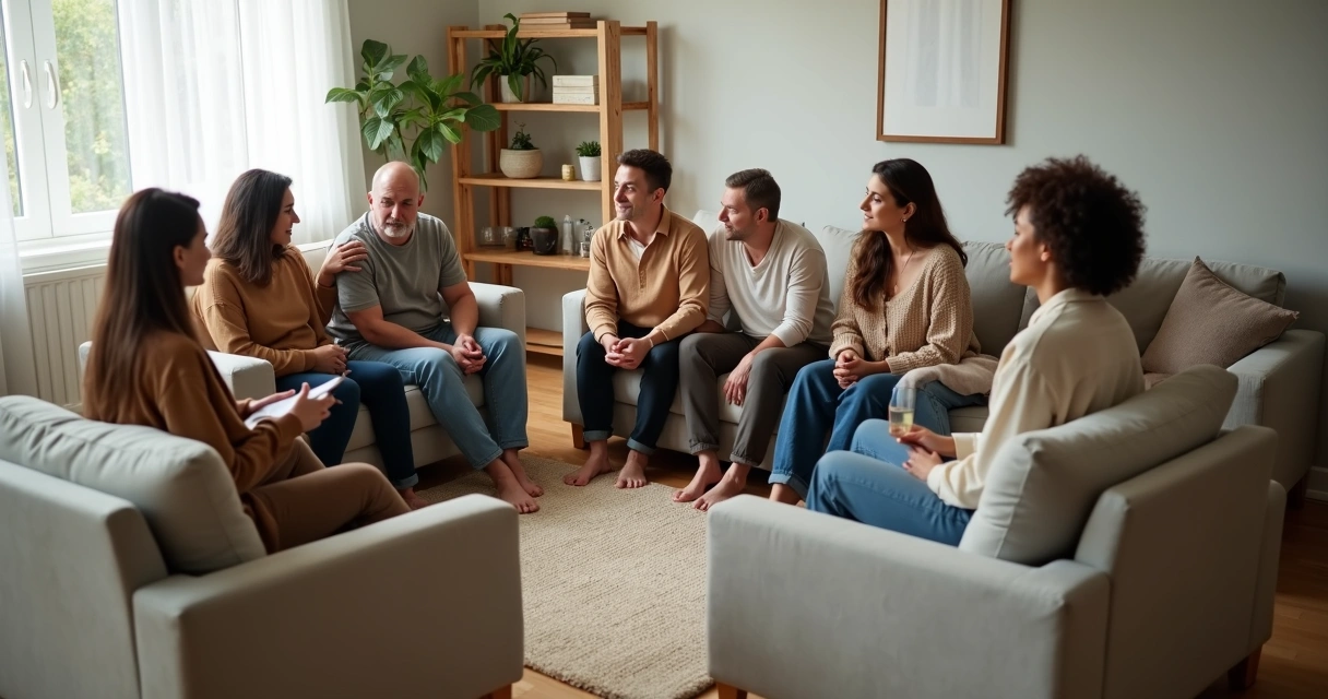 Grupo diverso sentado em círculo oferecendo apoio emocional 