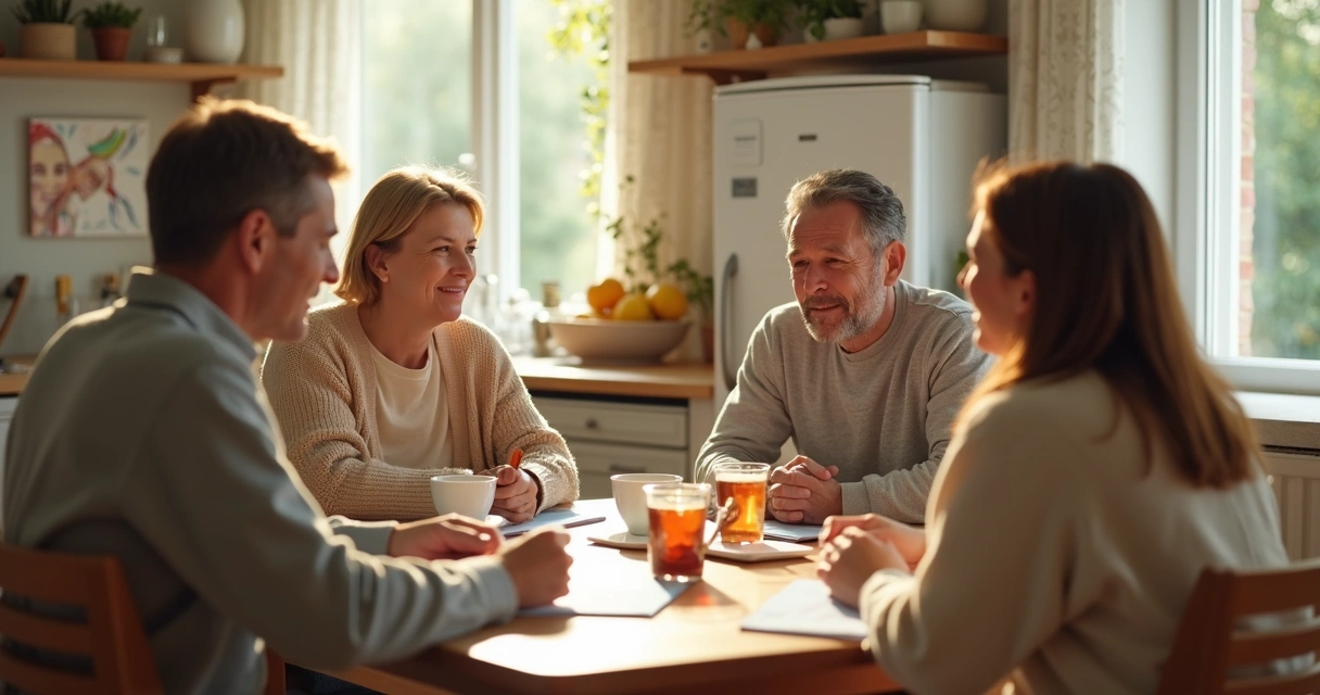 Familiares conversando em volta de uma mesa de cozinha com ambiente acolhedor 