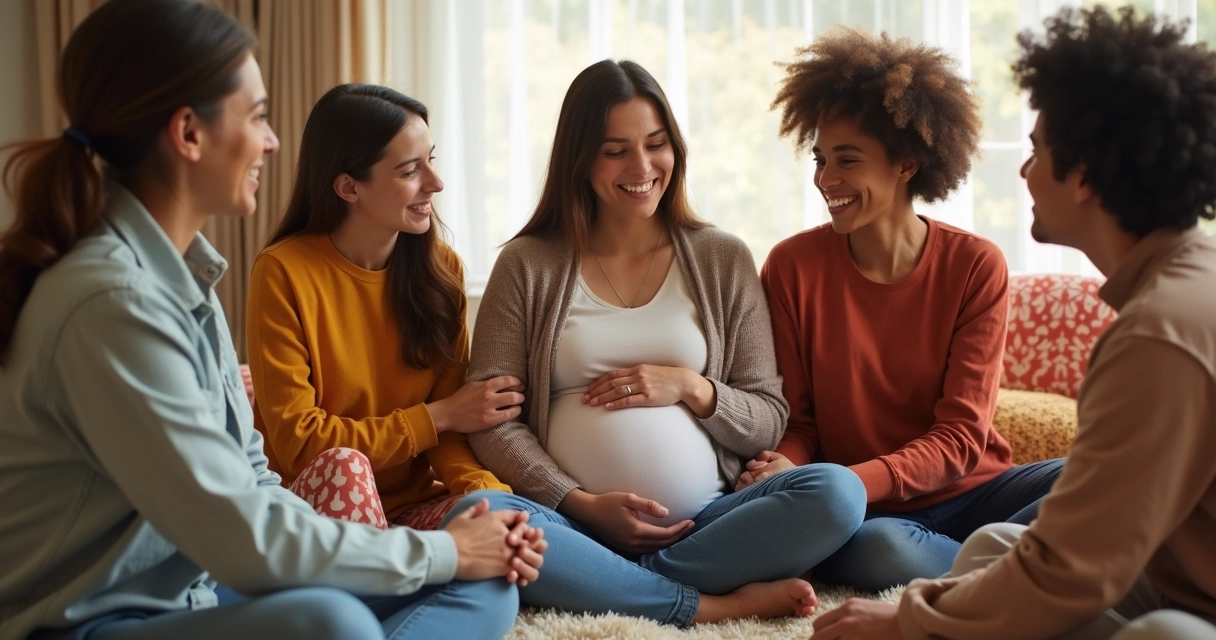 Gestante com amigos e familiares em roda de apoio 