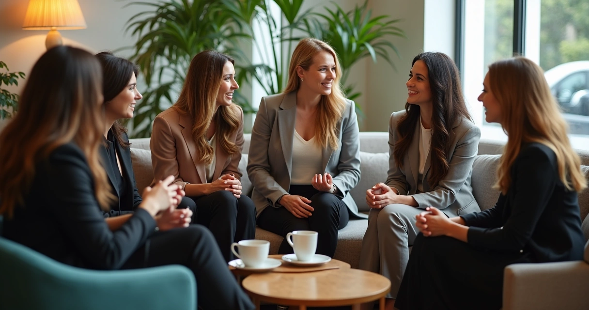 Grupo de mulheres executivas reunidas em roda conversando 