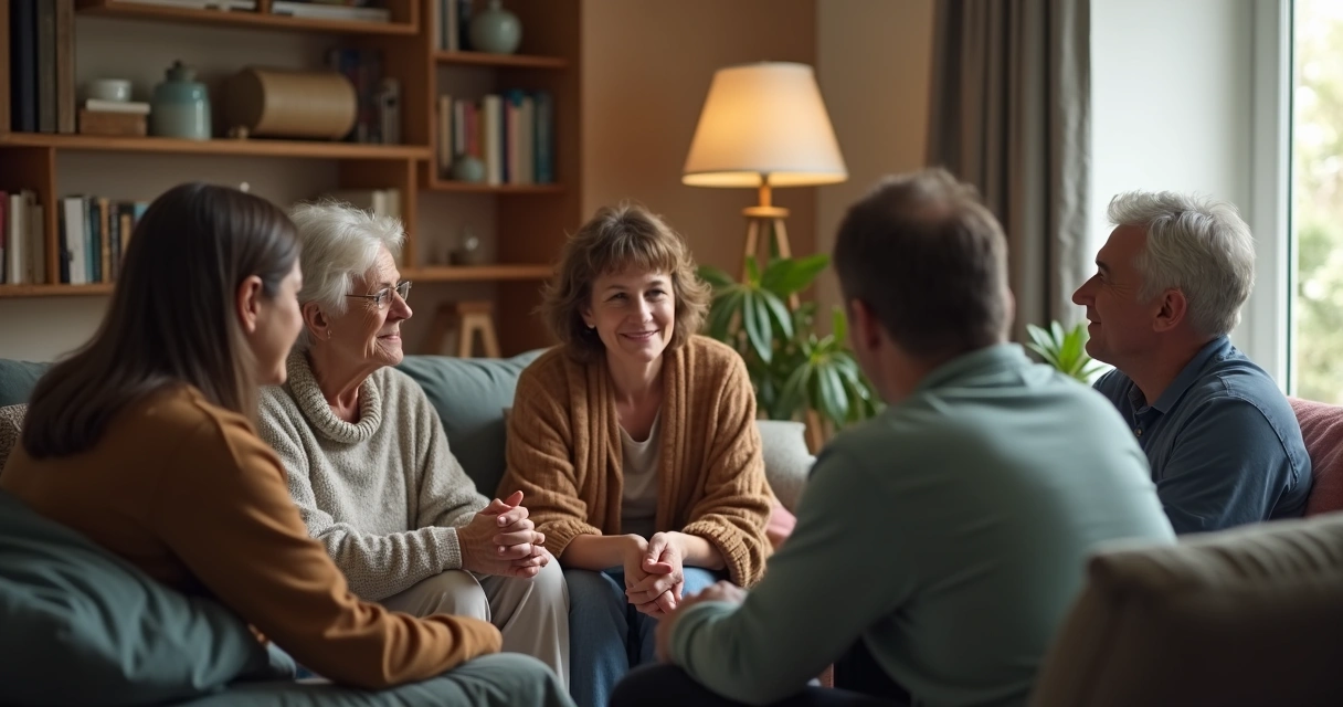 Grupo de pessoas conversando em uma sala aconchegante, interação e apoio 