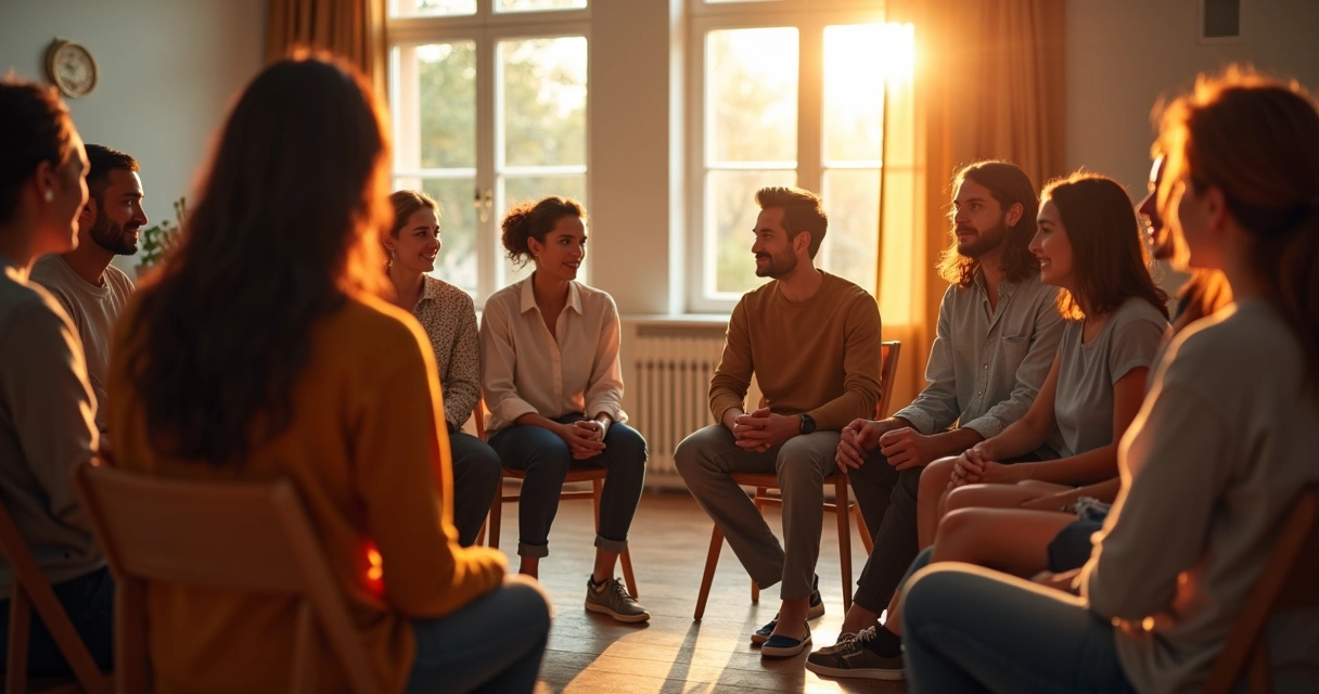 Grupo de pessoas sentadas em círculo conversando 