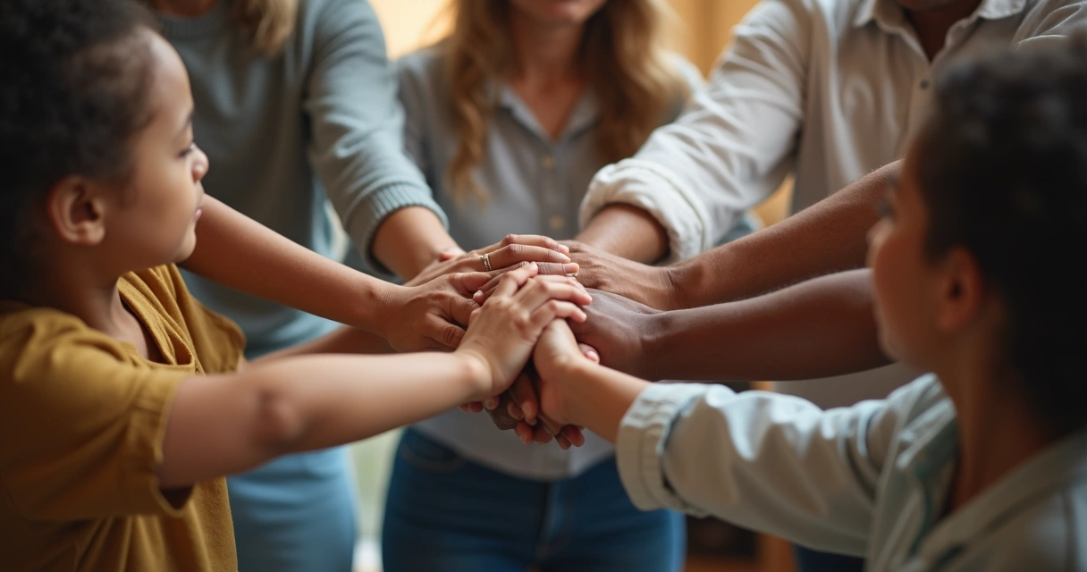 Pessoas de diferentes idades conectando as mãos formando uma rede 
