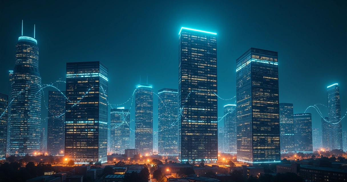 Conjunto de prédios corporativos conectados por correntes digitais representando backlinks B2B 