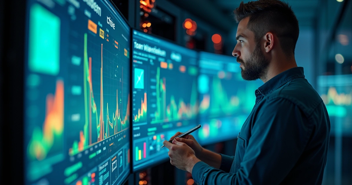 Profissional de TI analisando gráficos de tráfego de rede durante backup 