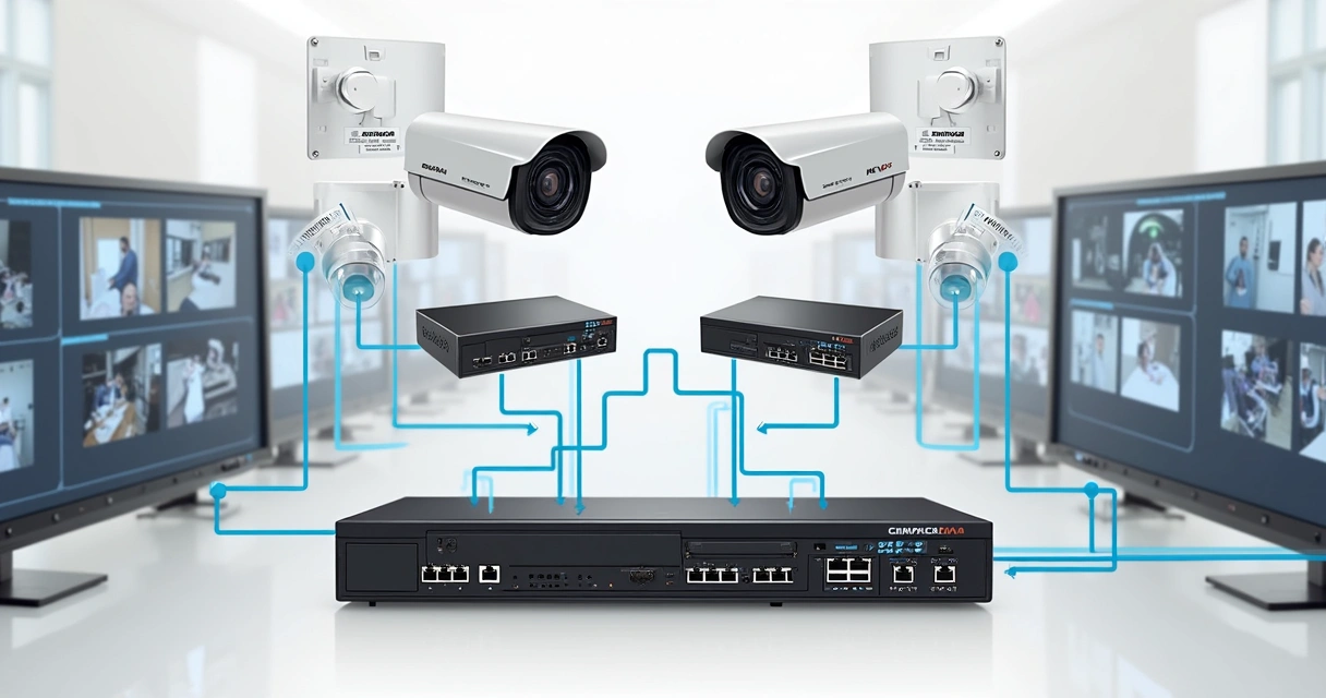 Diagrama de sistema CFTV com gravadores redundantes e equipamentos ONVIF