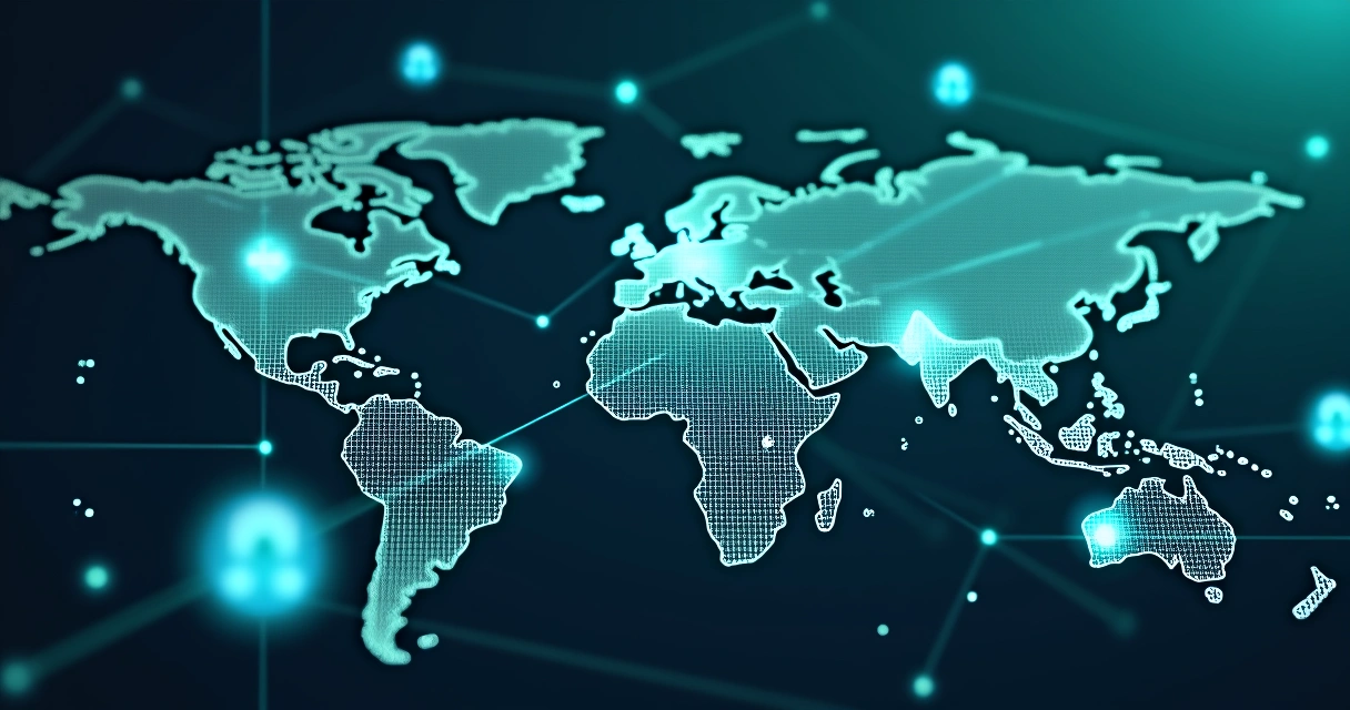 Rede virtual global conectando data centers e símbolos de segurança digital