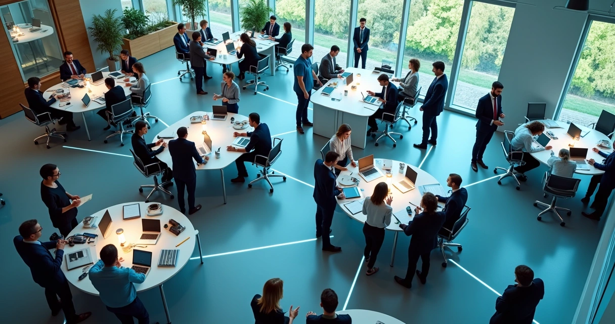 Rede de várias pessoas conectadas em ambiente de trabalho moderno.