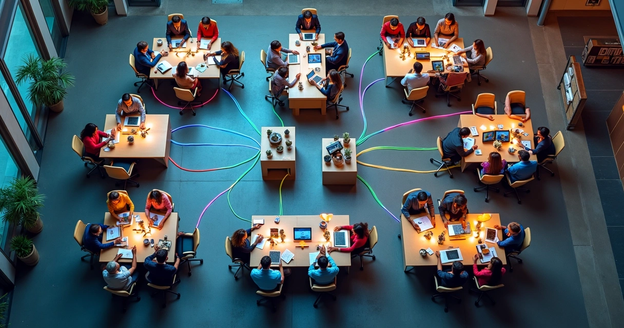 Rede colaborativa de profissionais conectados visualmente com linhas 