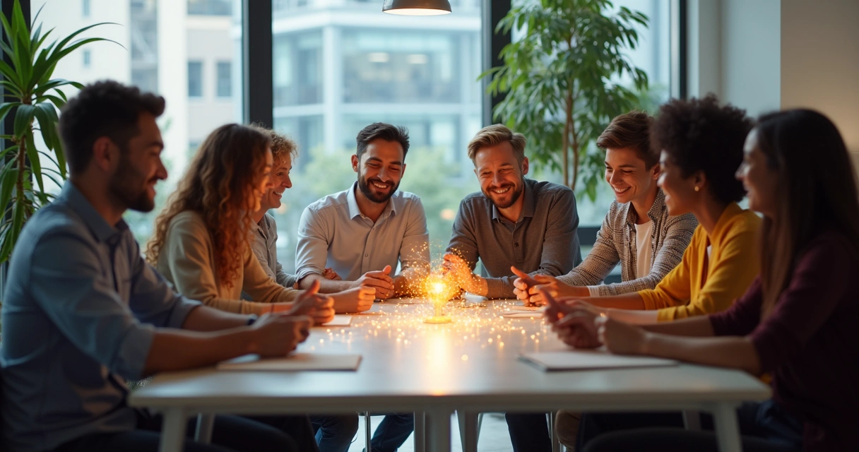 Grupo diverso de pessoas conectadas por linhas digitais, sentadas ao redor de uma mesa. 
