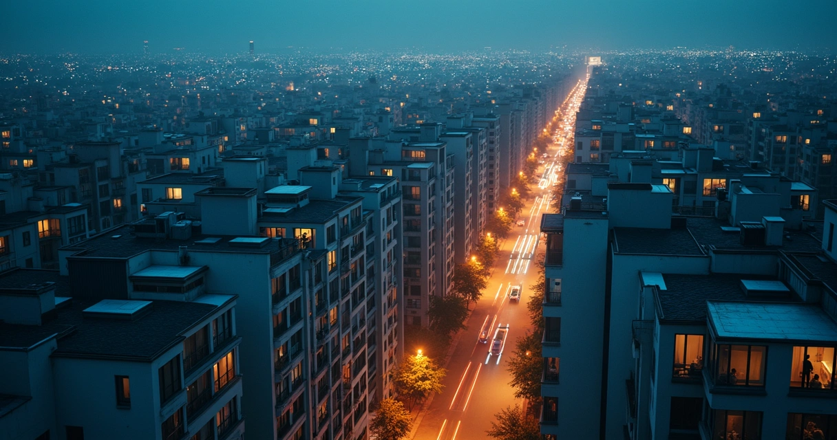 Cidade vista de cima à noite com pessoas em varandas ligadas por traços de luz suave 