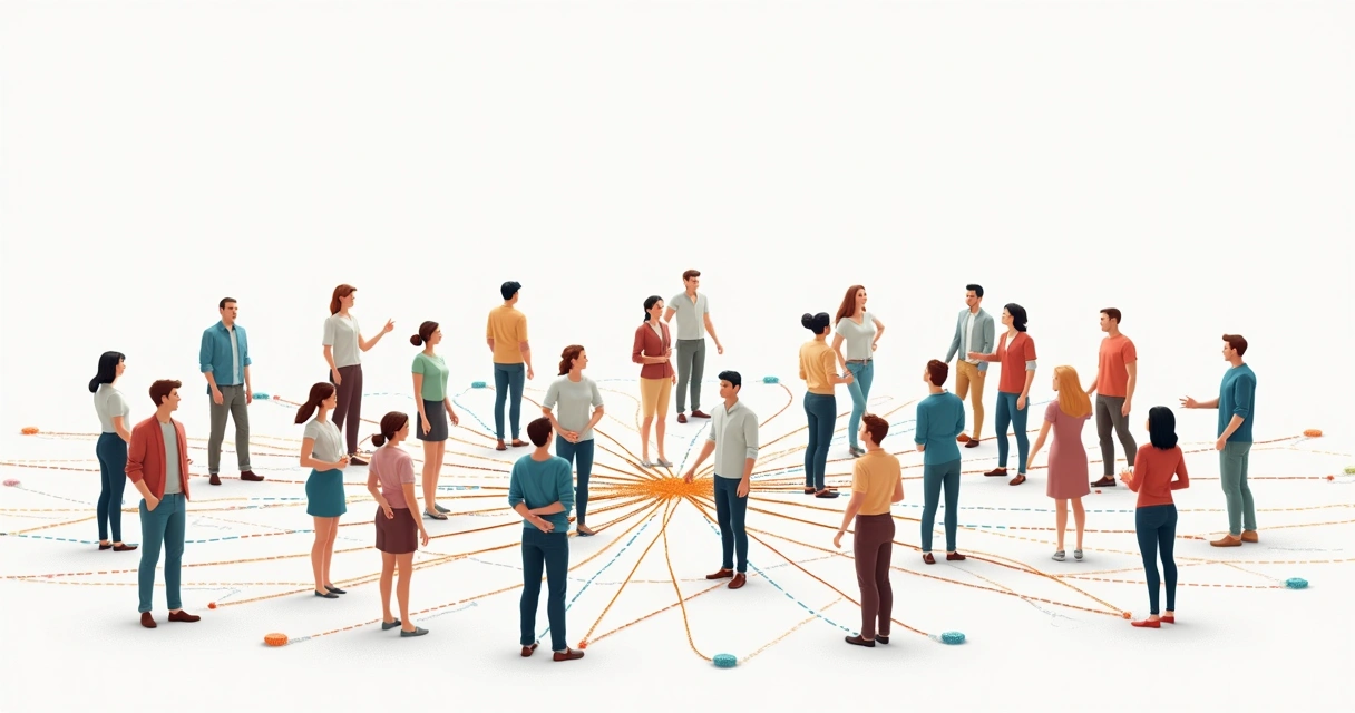 Rede de pessoas interligadas por linhas coloridas 
