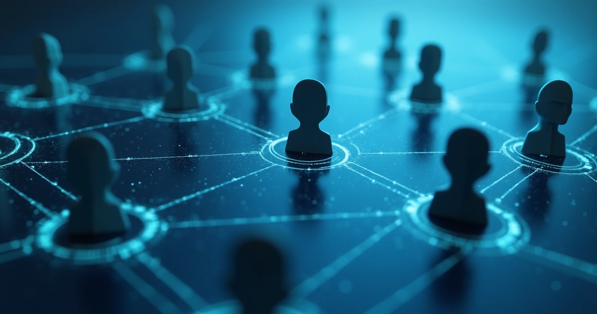 Rede digital de pessoas conectadas sem se ver, fundo em tons de azul, rostos estilizados sem expressão clara 