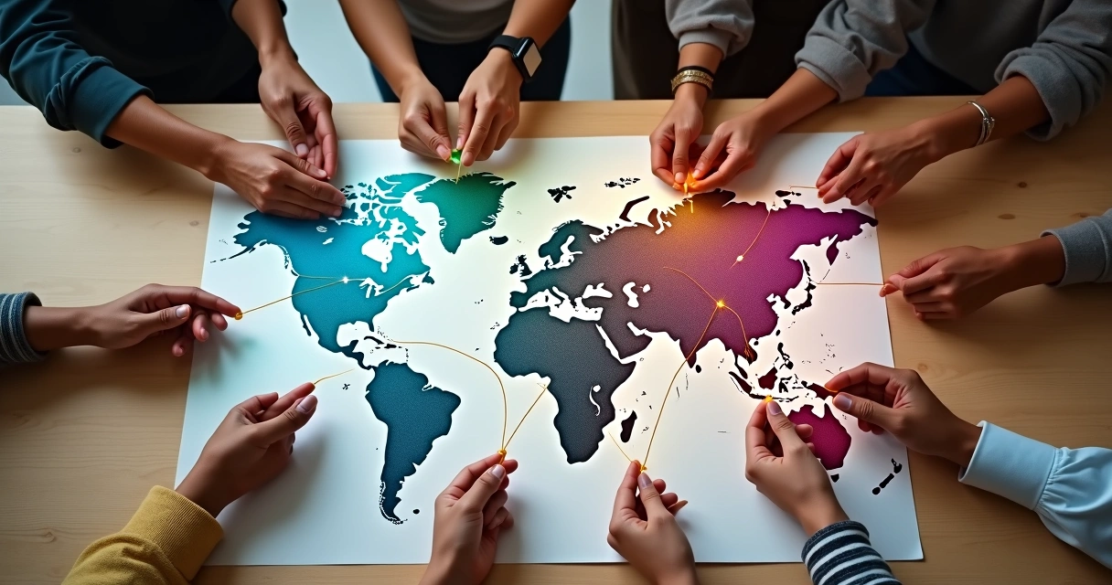 Mãos de diversas pessoas conectadas por cordões coloridos sobre mesa de mapas mundo 