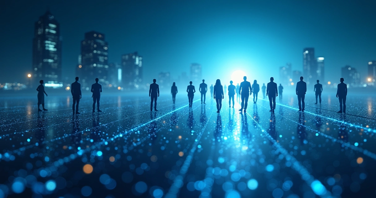 Rede de pessoas conectadas em luz com fundo azul mostrando caminhos para o futuro