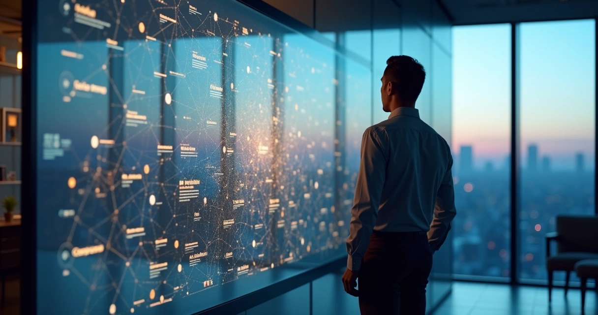 Profissional observa rede de conexões e empresas destacadas em grande painel digital 