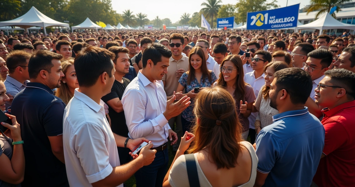 Grupo de pessoas conversando em evento público político 