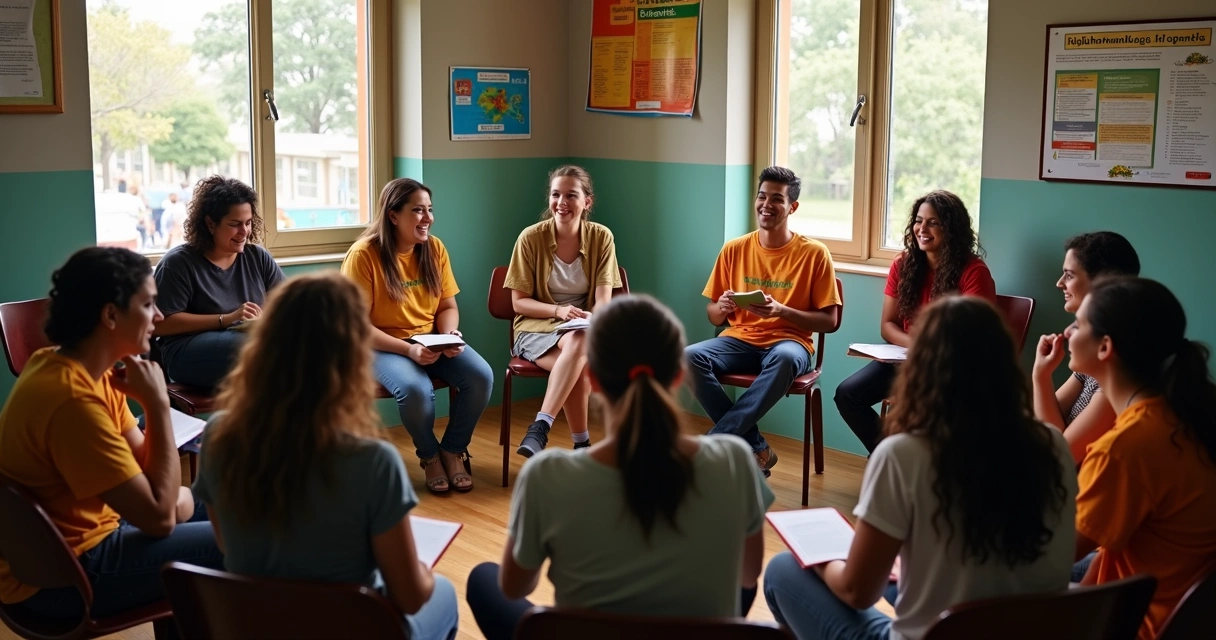 Grupo de voluntários brasileiros em roda de conversa nos EUA 