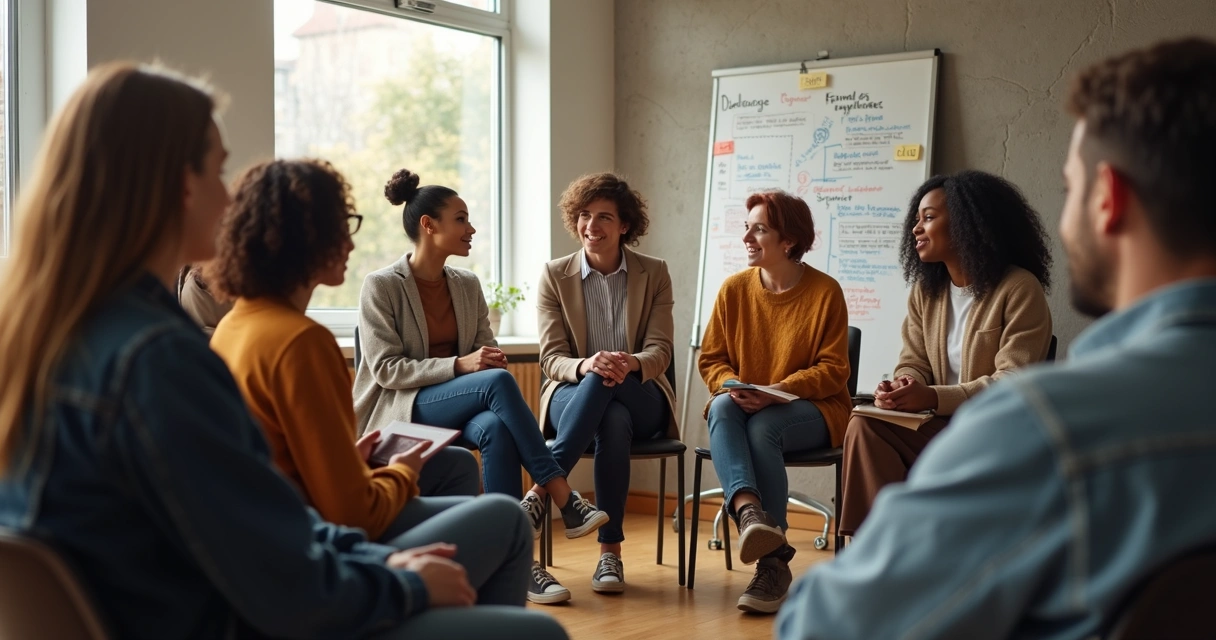 Grupo de pessoas conversando em círculo em ambiente diverso 