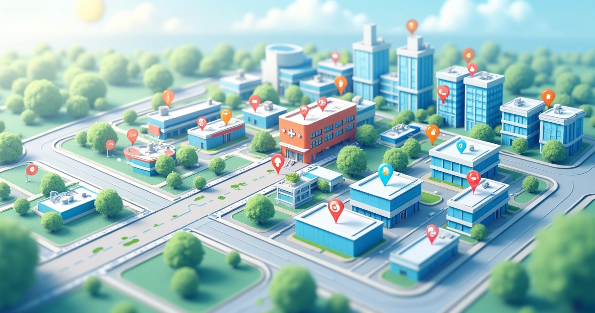 Mapa marcando hospitais e clínicas credenciadas em uma cidade grande 