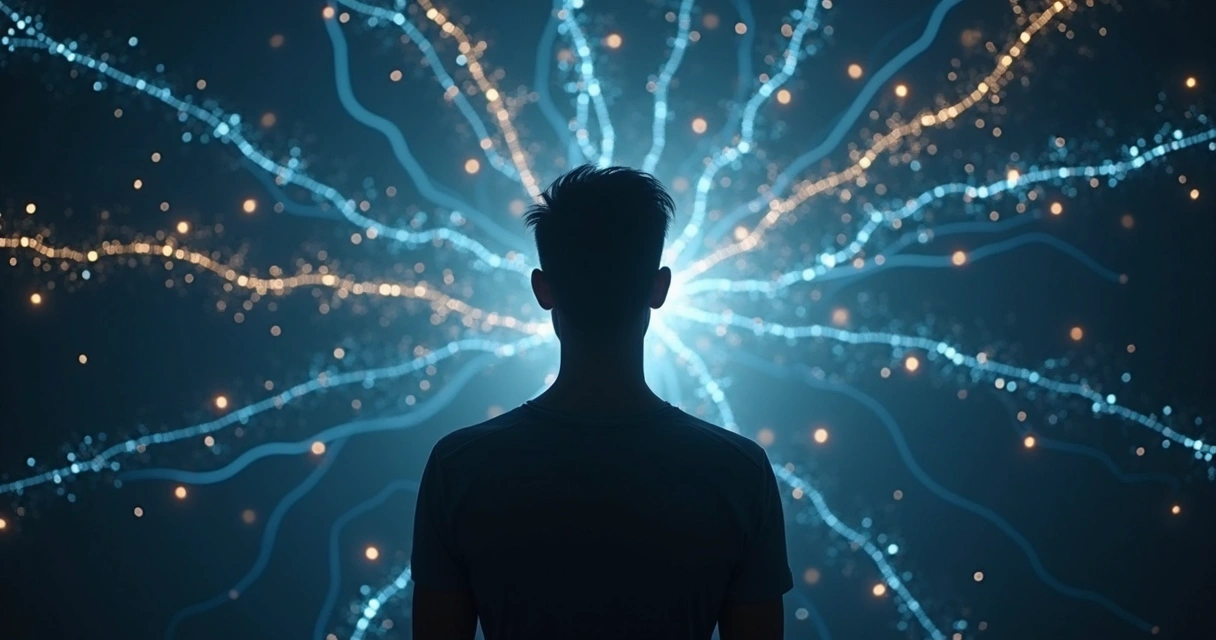 Pessoa em pé diante de rede luminosa simbolizando crenças coletivas 