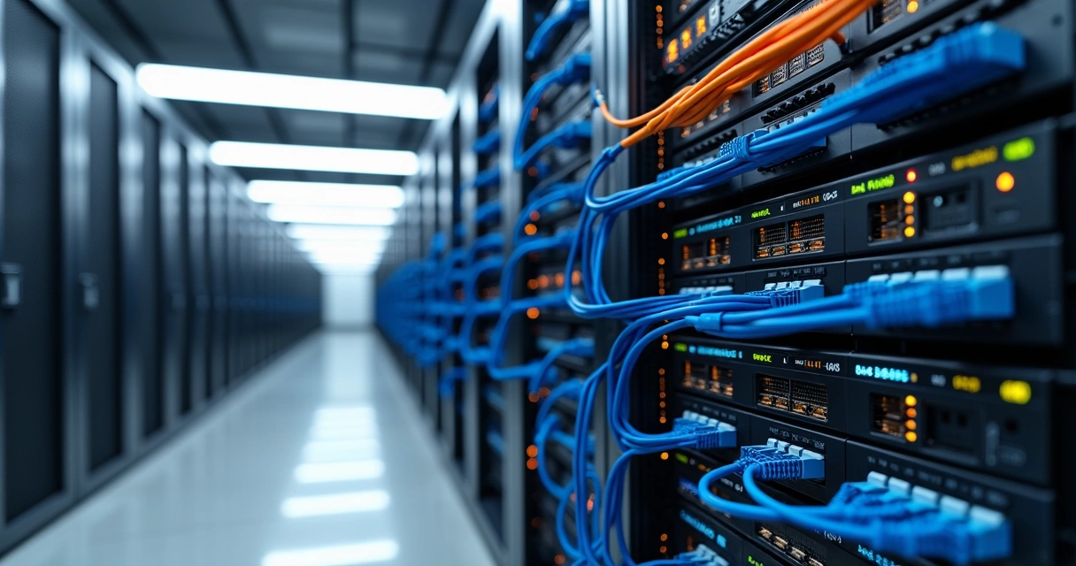 Dispositivos de rede alinhados em racks de data center 