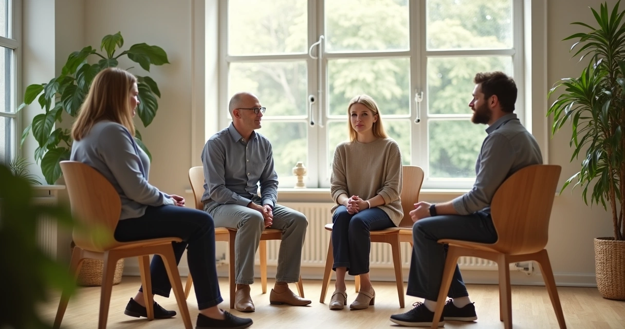 Grupo pequeno conversando em círculo em ambiente claro e acolhedor 