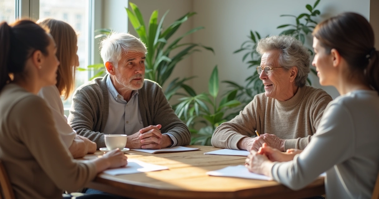 Grupo pequeno em conversa acolhedora ao redor de mesa