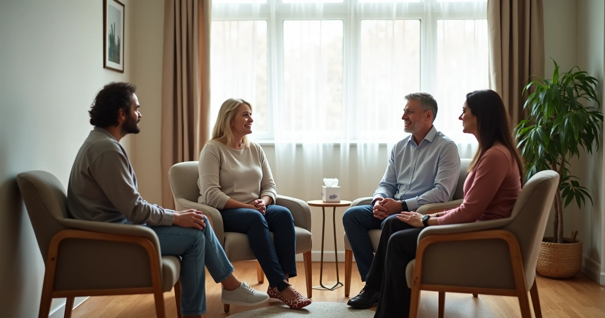 Grupo em conversa de apoio em ambiente acolhedor 