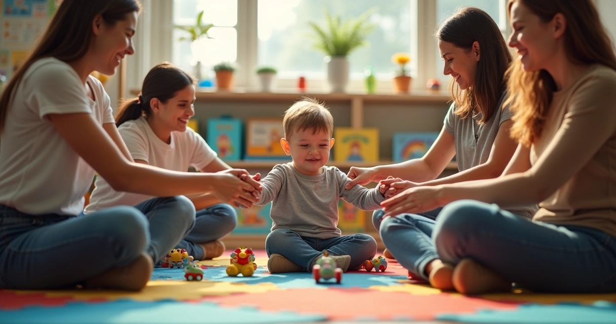 Círculo de adultos segurando as mãos em volta de uma criança ao centro em ambiente de brincadeira infantil 