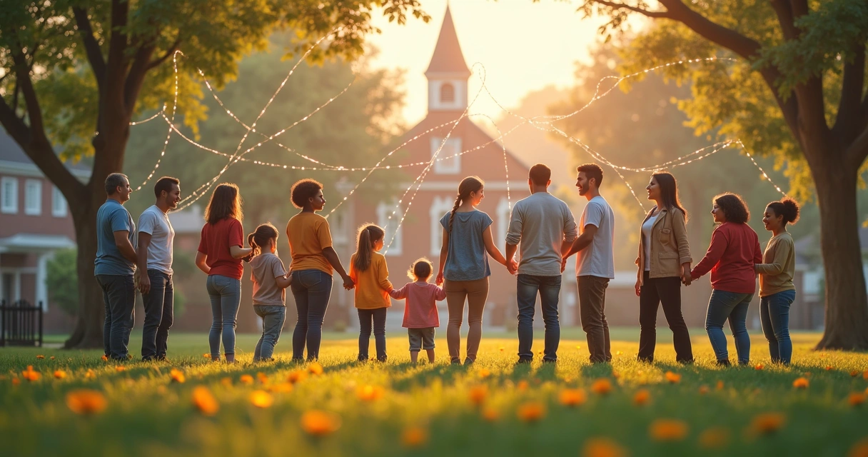 Rede de apoio representada por fios entrelaçados conectando diversas pessoas em um ambiente comunitário 