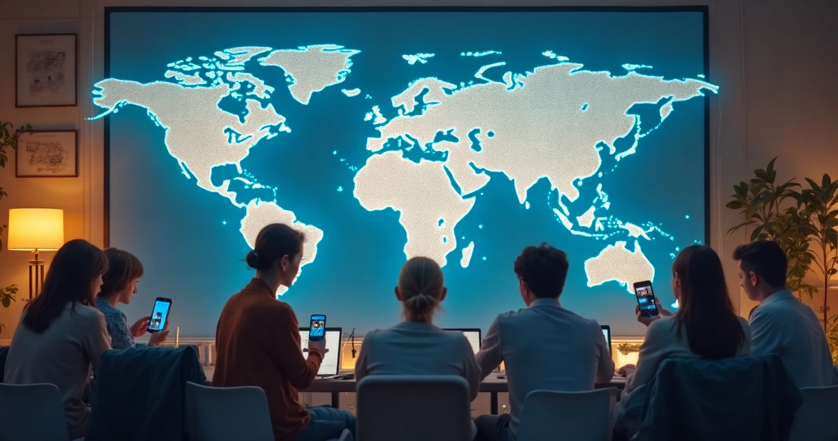 Pessoas conectadas por uma rede digital em mapa global 