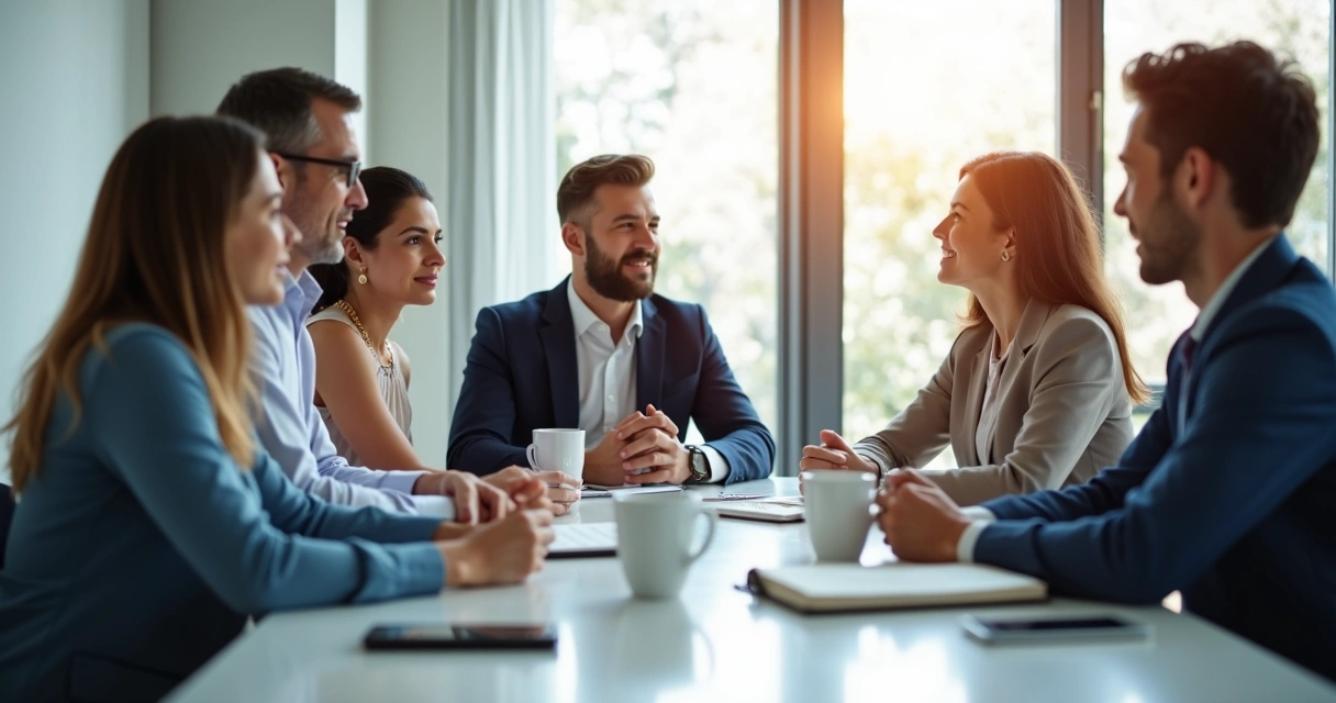 Grupo em reunião formando rede de conexões profissionais 