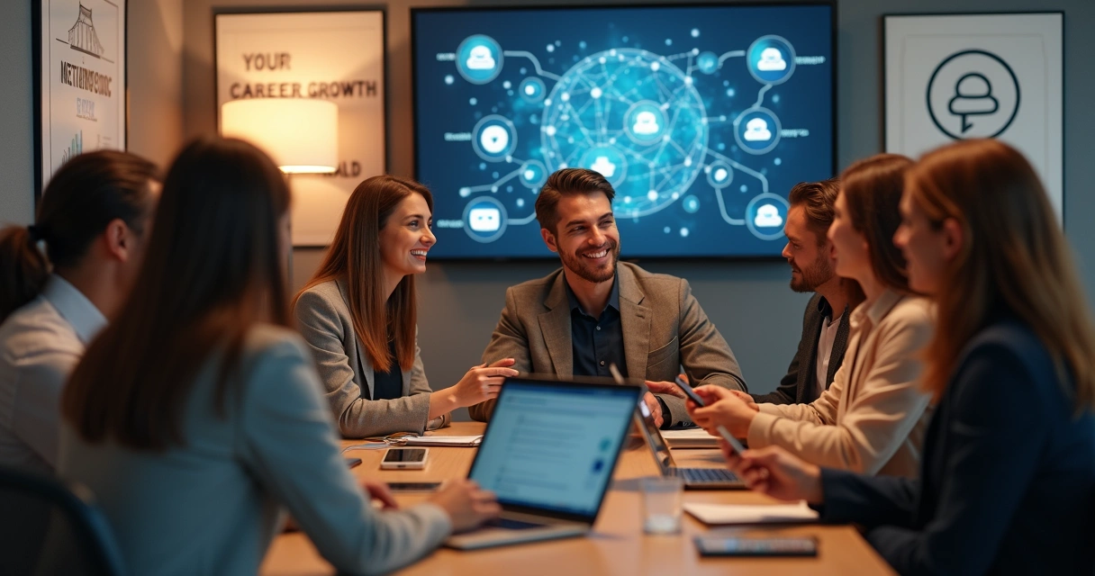 Profissionais interagindo em evento de networking com laptops e smartphones 