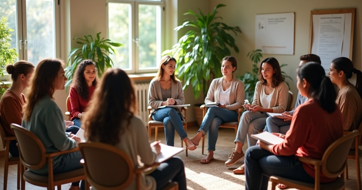 Grupo em roda em espaço comunitário iluminado 